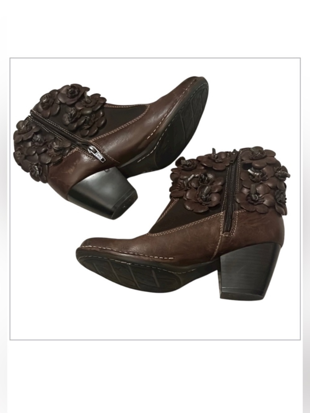 Lobo Solo Brown Leather Block Heel Floral Appliqué Embellished Ankle Boots Sz 7